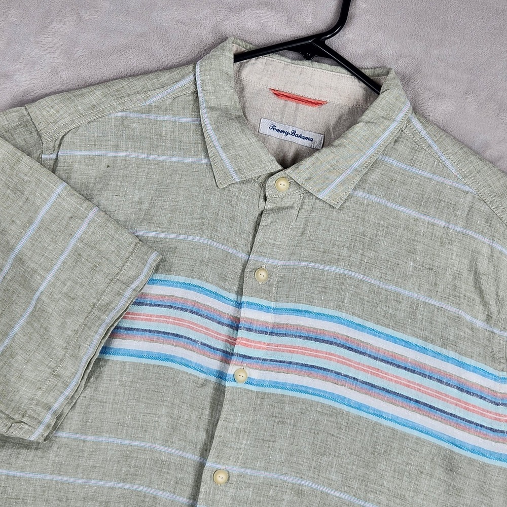 Tommy Bahama Shirt Mens XL Green Stripe Linen Short Sleeve Button Up Casual